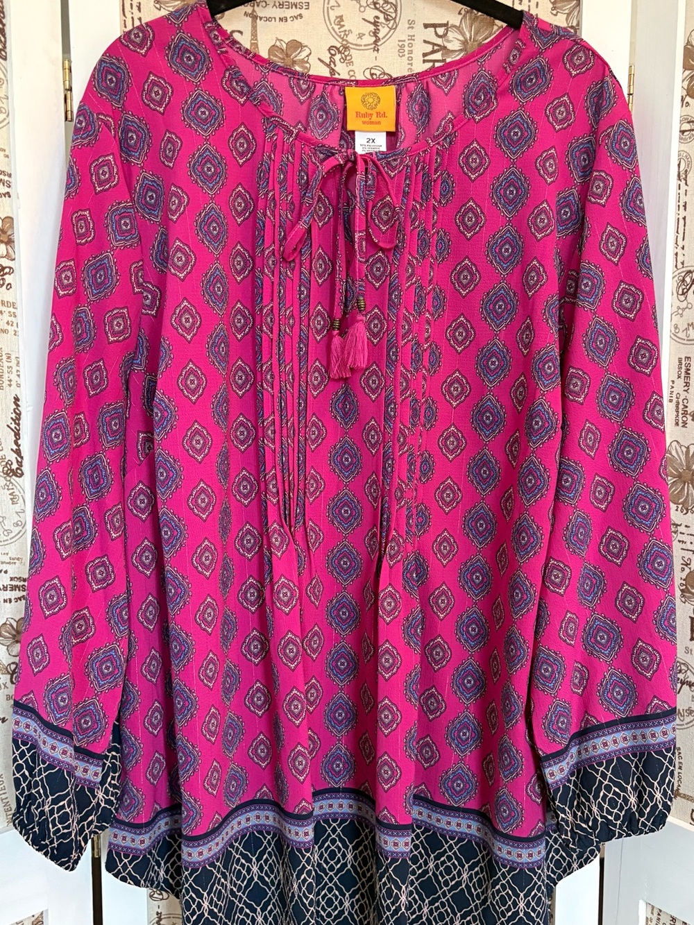 Ruby Rd. Magenta Printed Peasant Tunic with Tassel Tie - Picture 11 of 11
